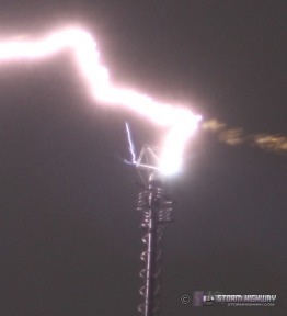 Close-up view of lightning striking WVAH tv tower
