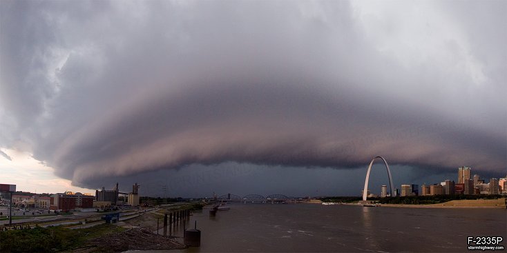 A menacing shelf cloud bears down on St. Louis as a severe thunderstorm moves in.