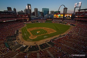 Busch Stadium view with the Arch and downtown