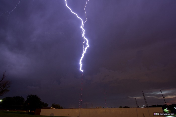 Upward lightning striking tower in St. Louis, July 10, 2013