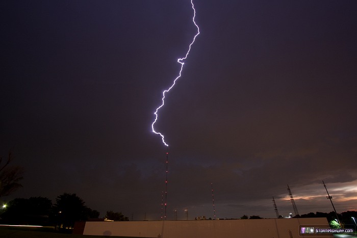 Upward lightning striking tower in St. Louis, July 10, 2013