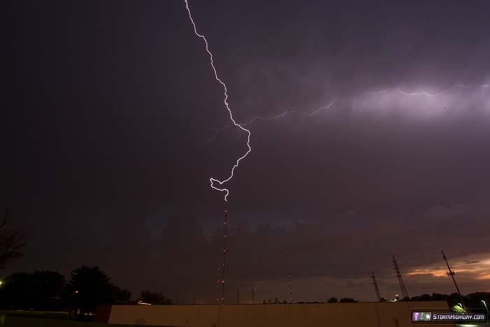 Upward lightning striking tower in St. Louis, July 10, 2013
