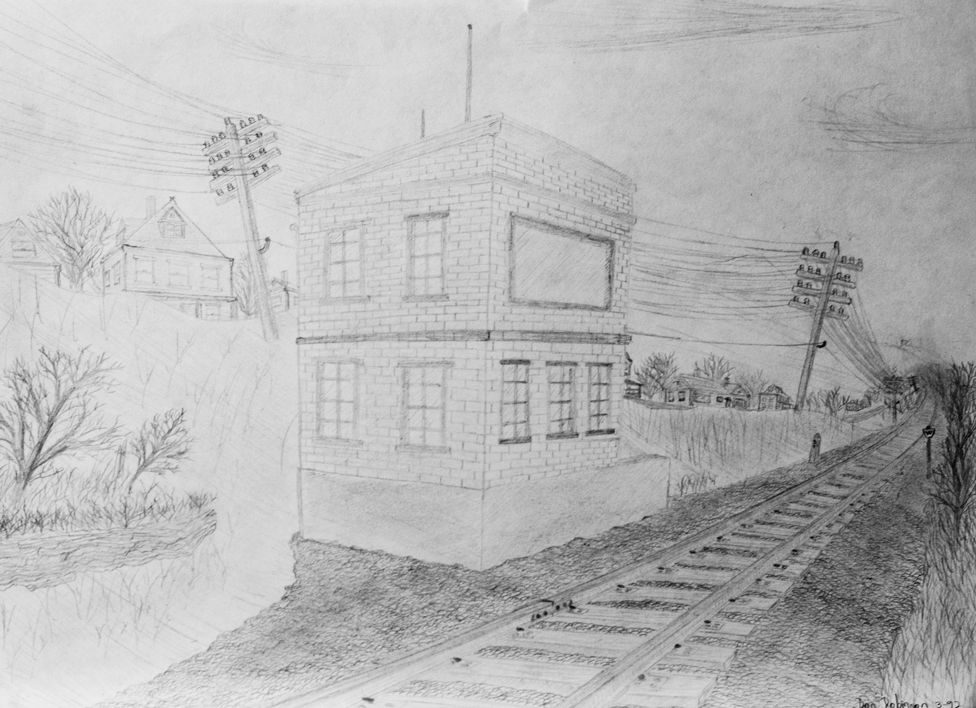 Old Baltimore and Ohio railroad signal tower cabin in Washington, PA pencil sketch