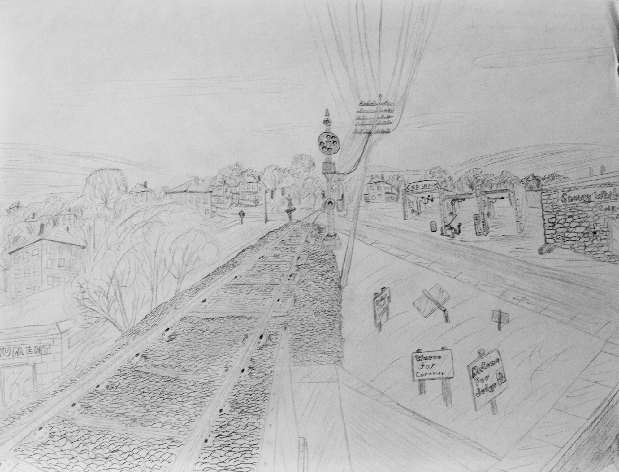 Railroad tracks at South Wade and East Maiden in Washington, PA pencil sketch