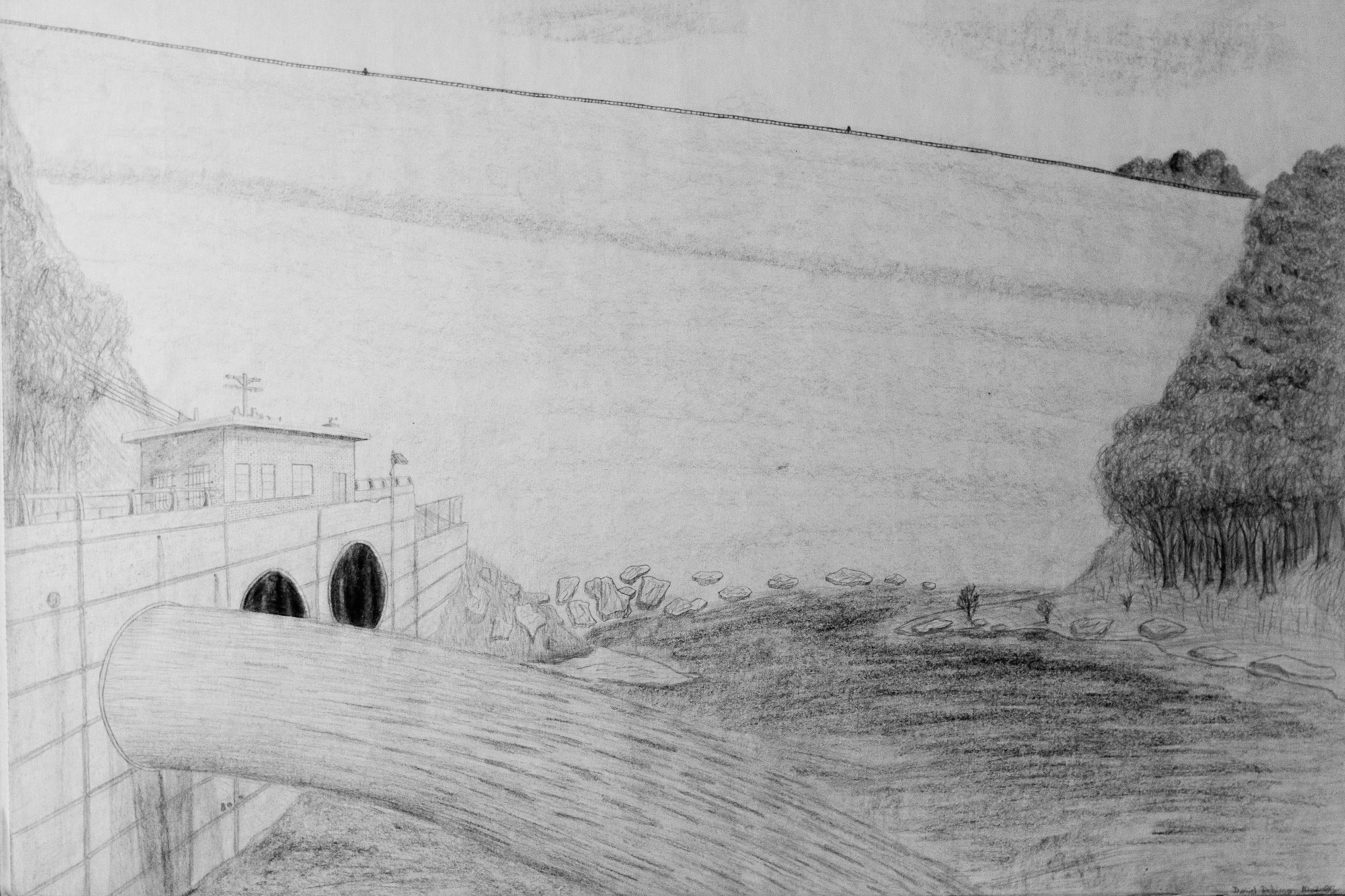 Summersville (WV) Dam with the old outlet tubes  pencil sketch