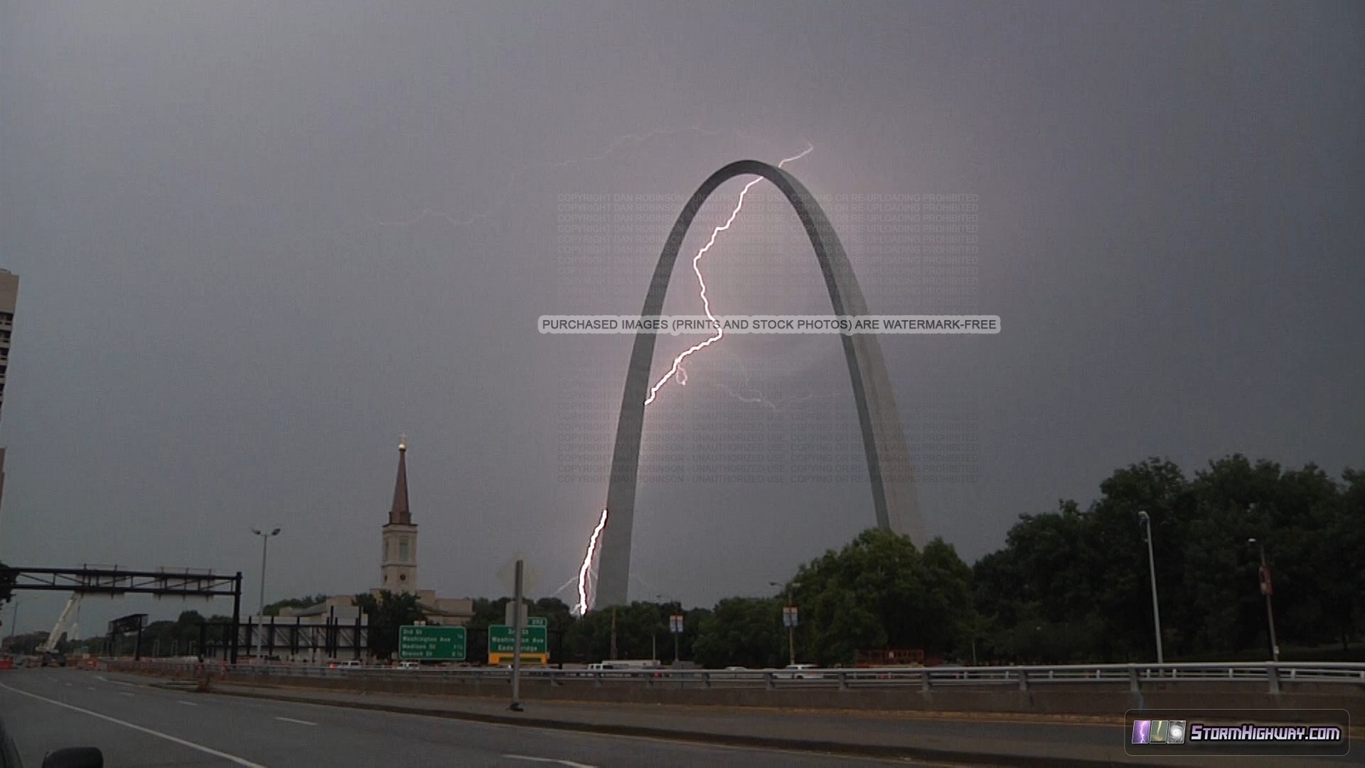 Lightning behind the Gateway Arch in St. Louis, August 27, 2014