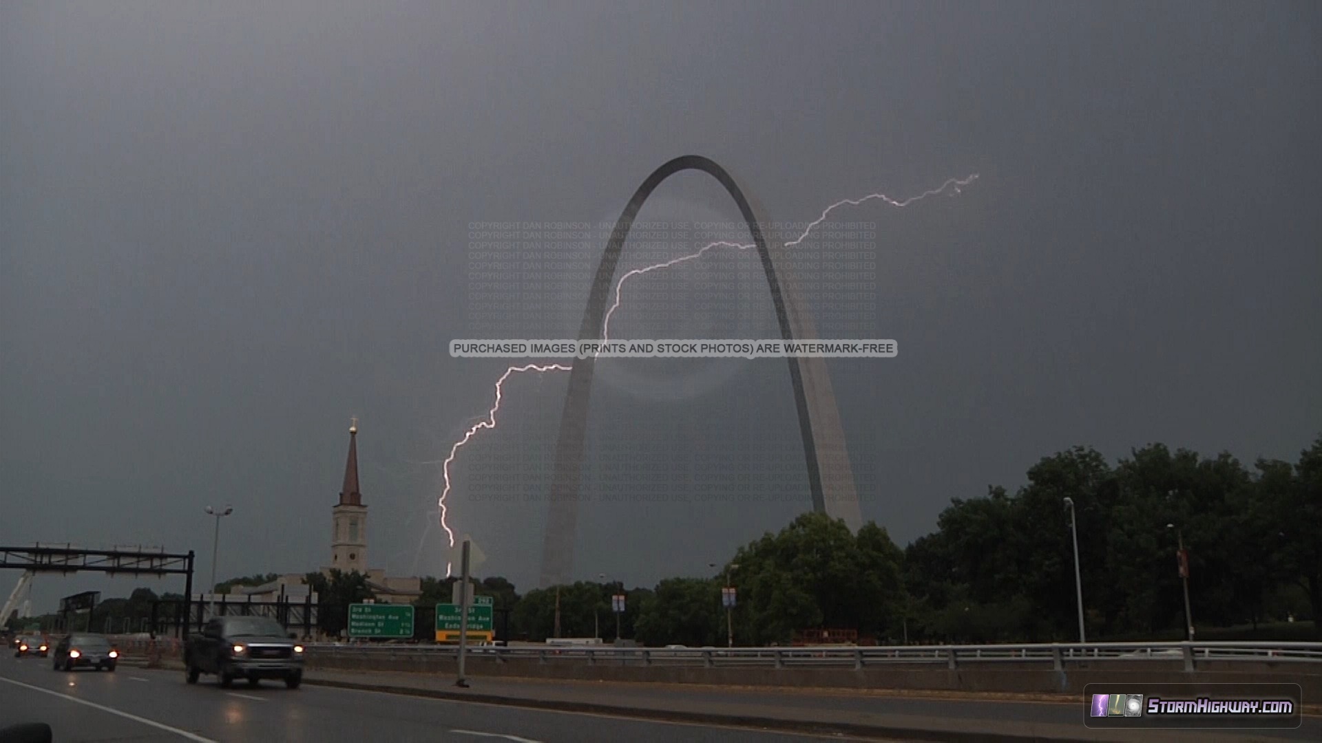 Lightning behind the Gateway Arch in St. Louis, August 27, 2014