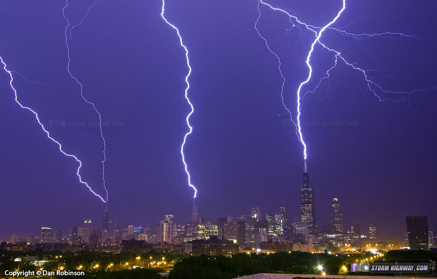 Triple lightning strikes on Chicago's three tallest buildings - June 30, 2014
