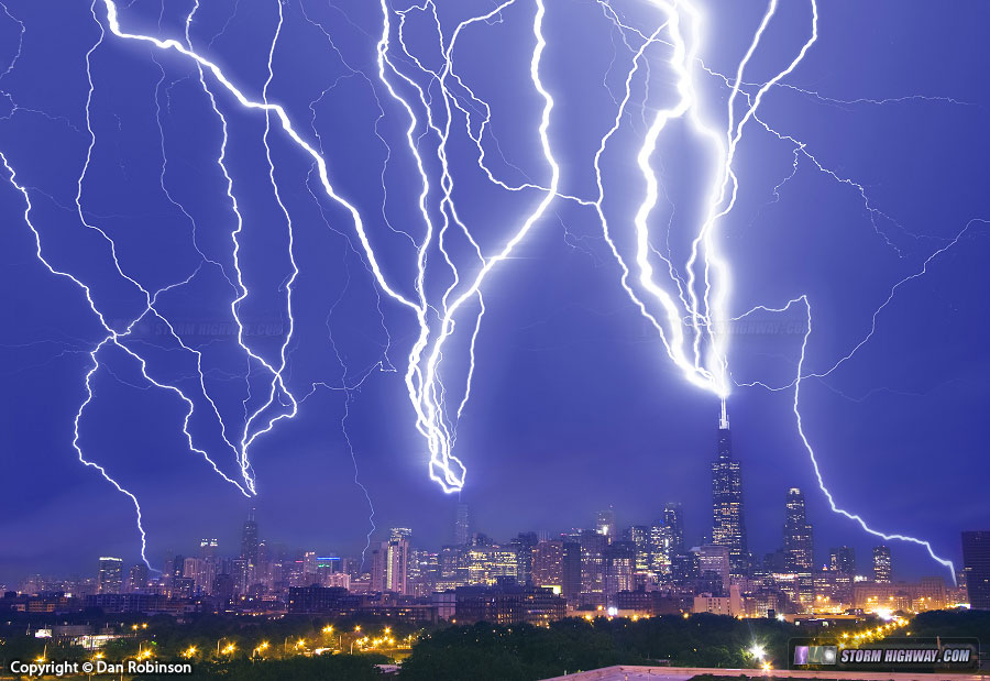 Multiple image stack of Chicago skyscraper lightning strikes