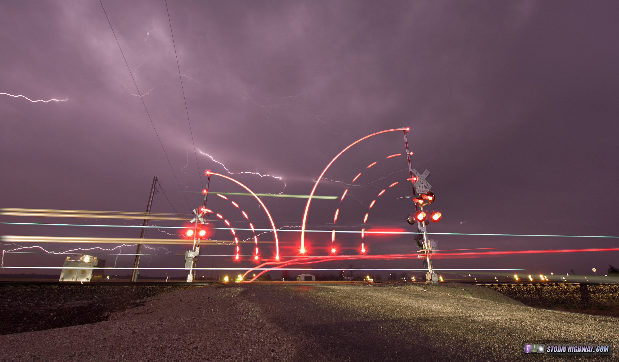 Lightning over a railroad crossing near Albers, IL - March 25, 2015