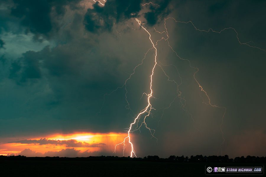 Lightning at sunset near Lebanon, Illinois