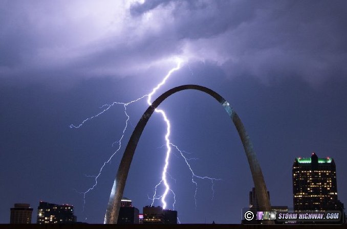 Lightning behind the Gateway Arch in St. Louis
