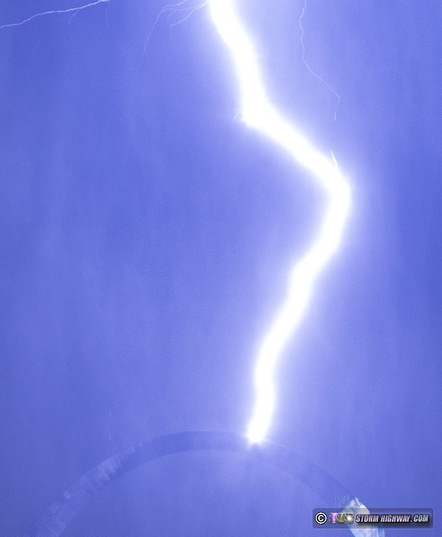 Close-up of lightning striking the St. Louis Arch