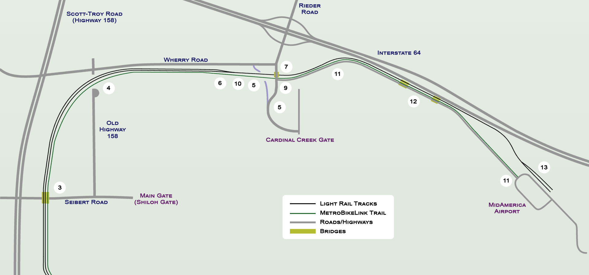 Metrolink MidAmerica Airport extension map with road and bike trail