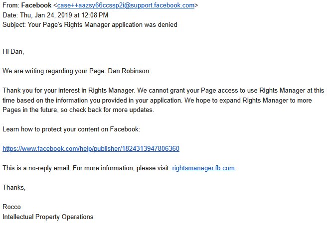 Facebook Rights Manager rejection email