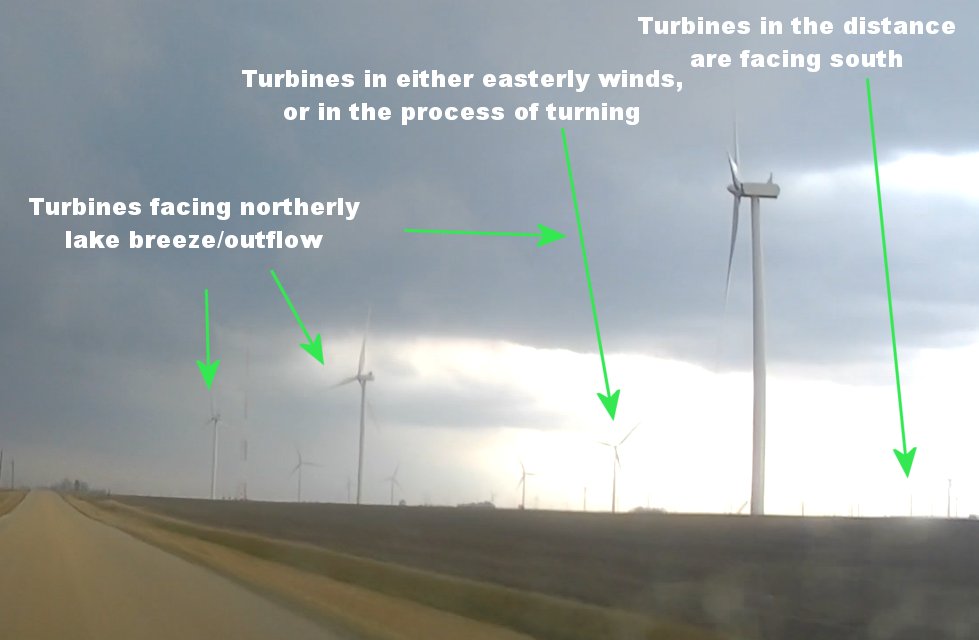 Illinois wind farm showing direction of winds near a storm
