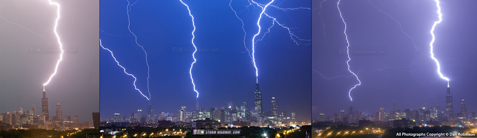 Lightning striking the Sears (Willis), Trump and Hancock skyscrapers in Chicago on June 30, 2014