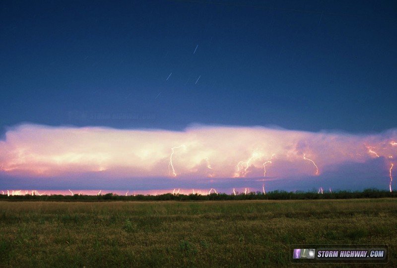 Long nighttime time exposure of many distant lightning strikes in Texas