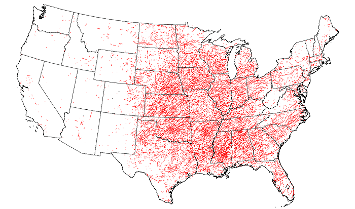 Map of all tornado tracks in the US