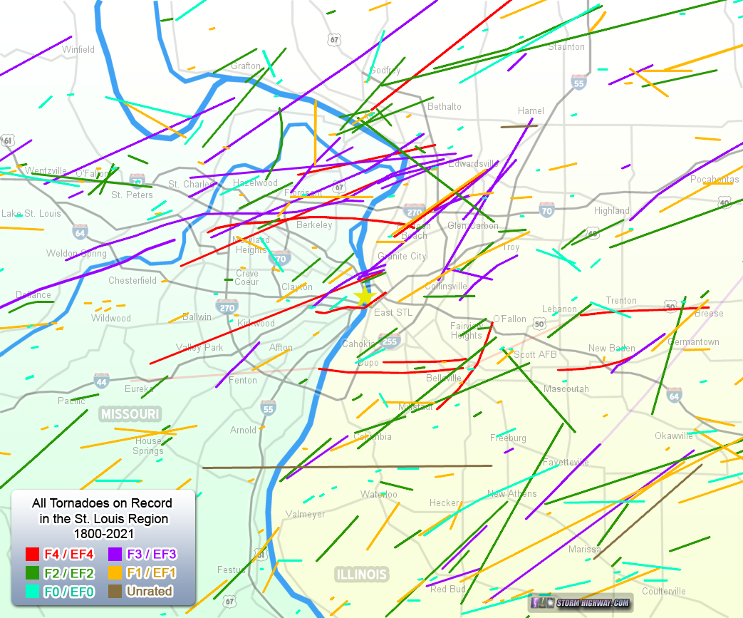 Map of all tornadoes in the St. Louis metro area