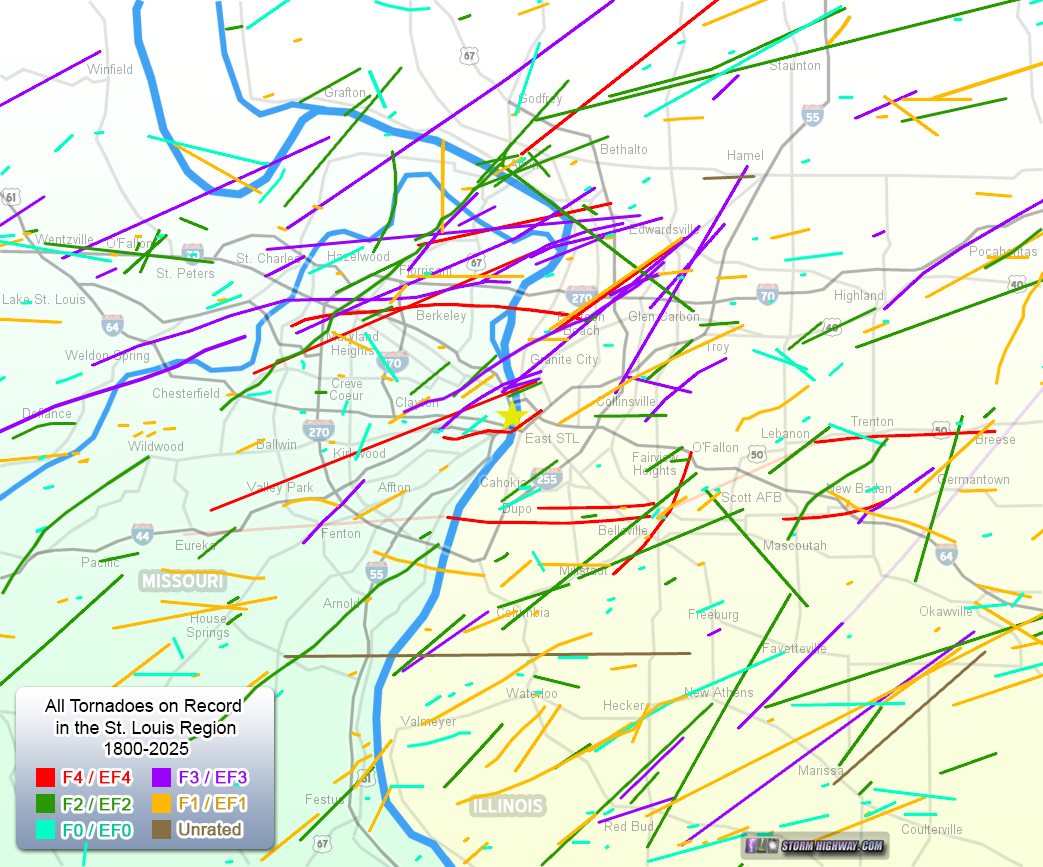 Map of all tornadoes in the St. Louis metro area