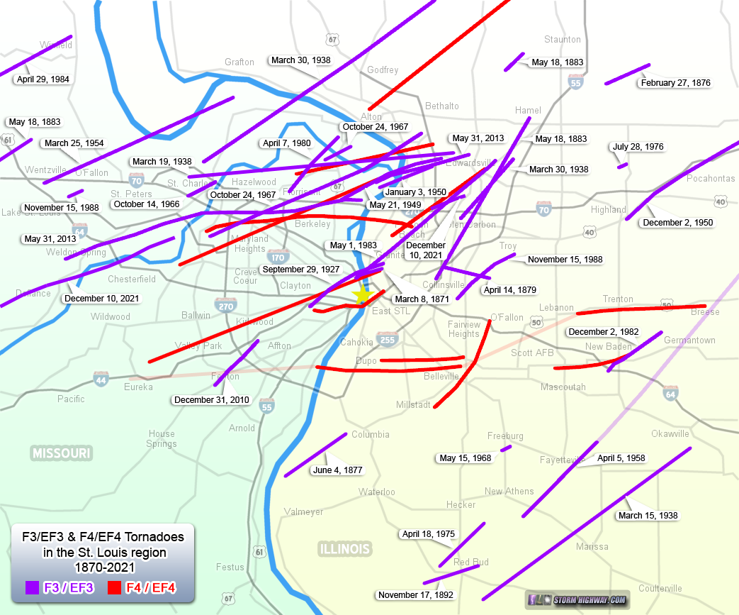 Map of F3, F4 tornadoes in the St. Louis metro area