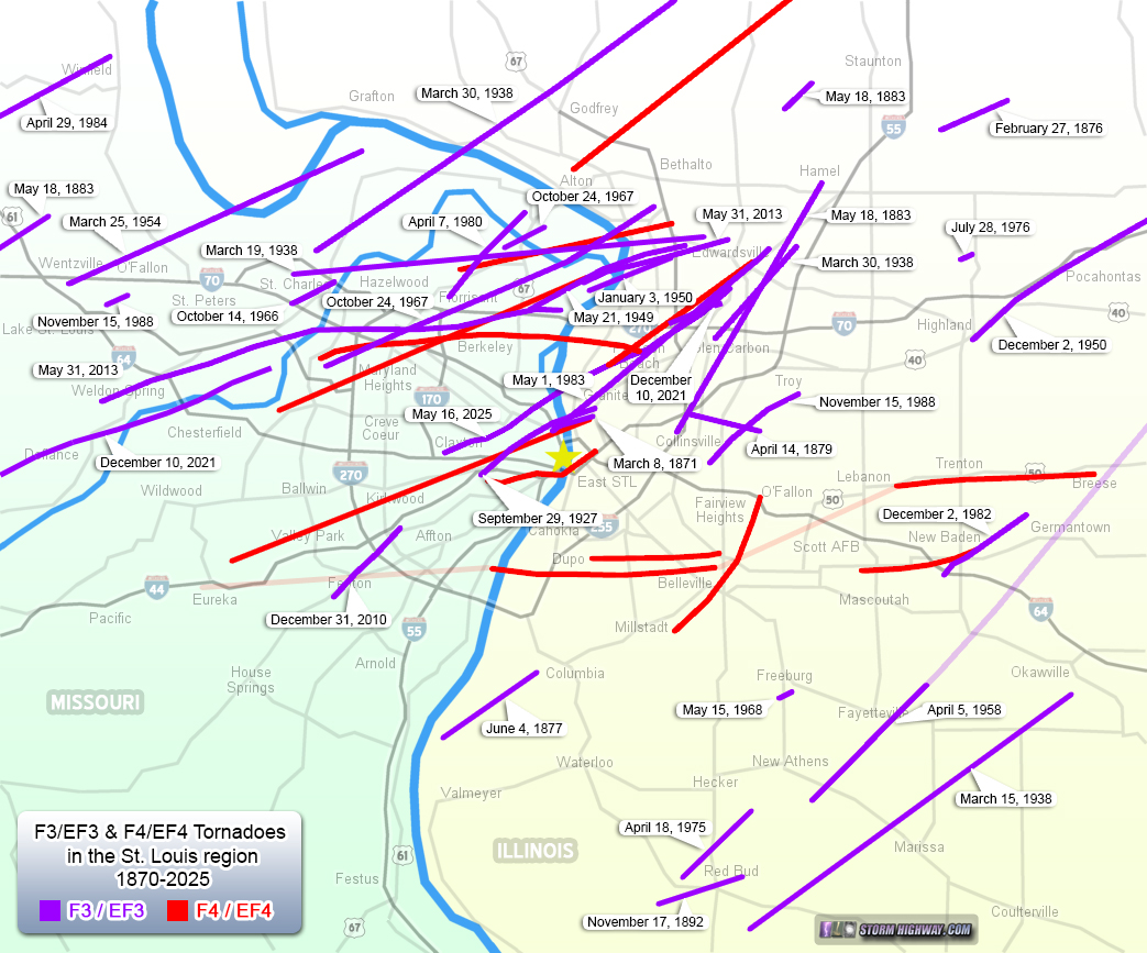 Map of F3, F4 tornadoes in the St. Louis metro area