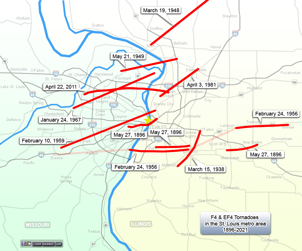 Map of F4 tornadoes in the St. Louis metro area
