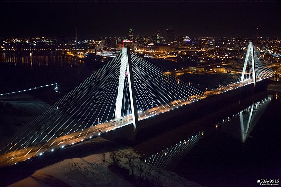 Aerial photo of Stan Musial Veterans Memorial Bridge at night