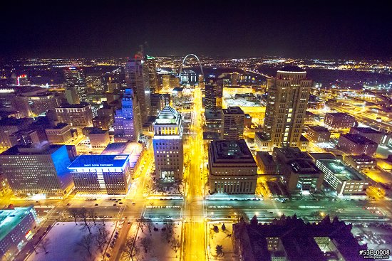 Aerial photo of St. Louis skyline and Arch at night