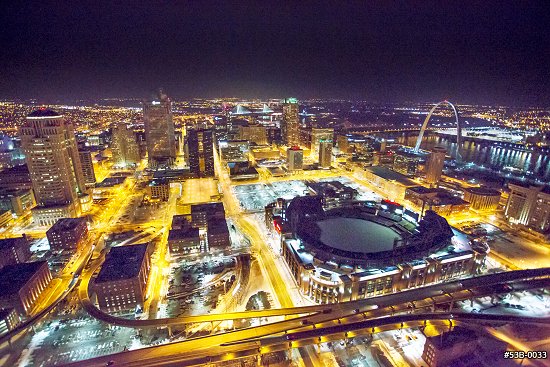 Aerial photo of St. Louis skyline and Arch at night