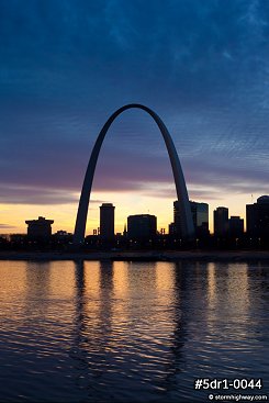 Riverfront sunset with the Gateway Arch in St. Louis.