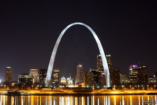 Riverfront night lights with the Gateway Arch in St. Louis
