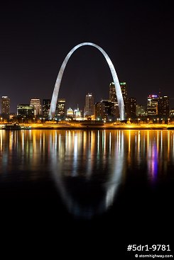 Riverfront night lights reflection with the Gateway Arch in St. Louis.