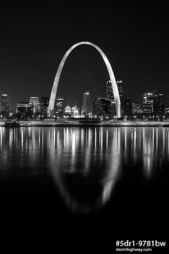 Riverfront night lights reflection with the Gateway Arch in St. Louis, black and white
