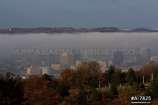 Valley fog over downtown Charleston with fall colors