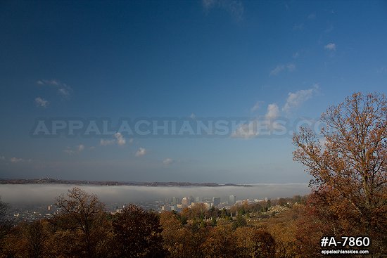 Valley fog over downtown Charleston with fall colors