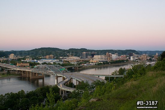 Fort Hill Bridge and downtown Charleston at twilight