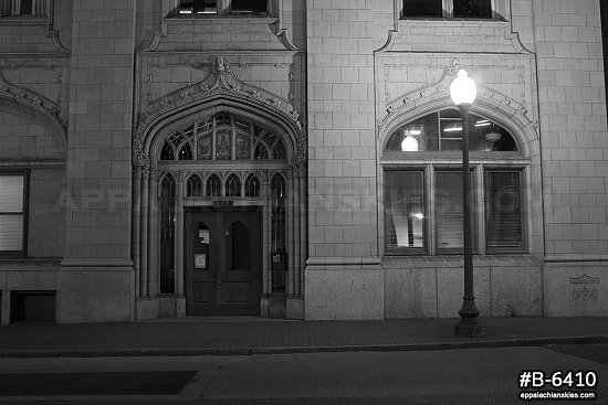 Masonic Temple door at night, black and white