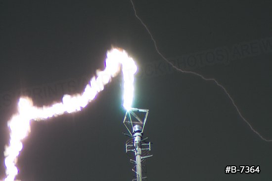 Extreme close-up of lightning striking tower