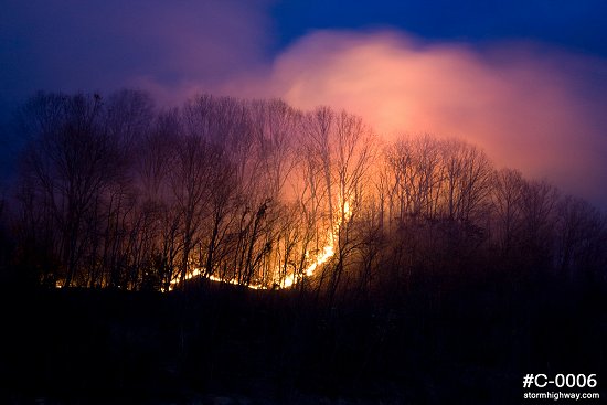 Forest fire glowing at twilight