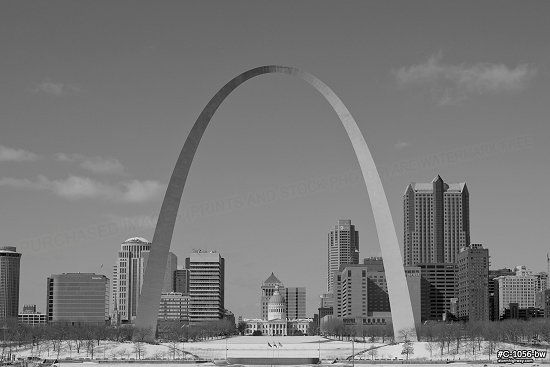 St. Louis Arch riverfront snow, black and white