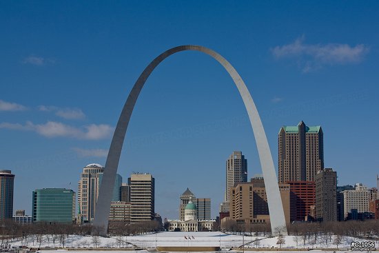 The St. Louis Gateway Arch and riverfront after a fresh snowfall