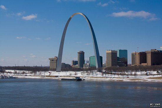 The St. Louis Gateway Arch and riverfront after a fresh snowfall