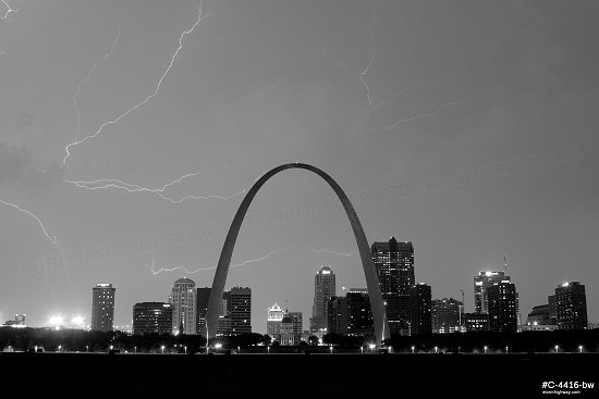 Lightning over St. Louis at night, black and white