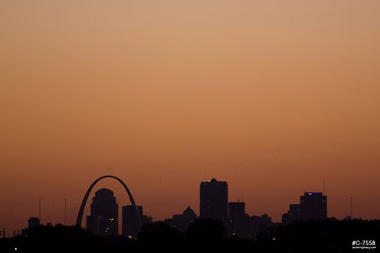 A distant view of downtown St. Louis at sunset