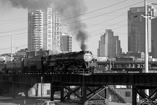 Challenger steam locomotive in downtown St. Louis, black and white