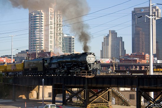 Challenger steam locomotive in downtown St. Louis
