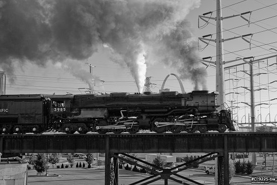 Challenger steam locomotive in downtown St. Louis, black and white