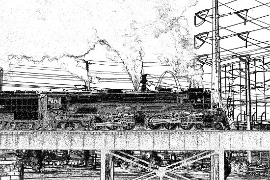 Pencil sketch version - Challenger steam locomotive in downtown St. Louis